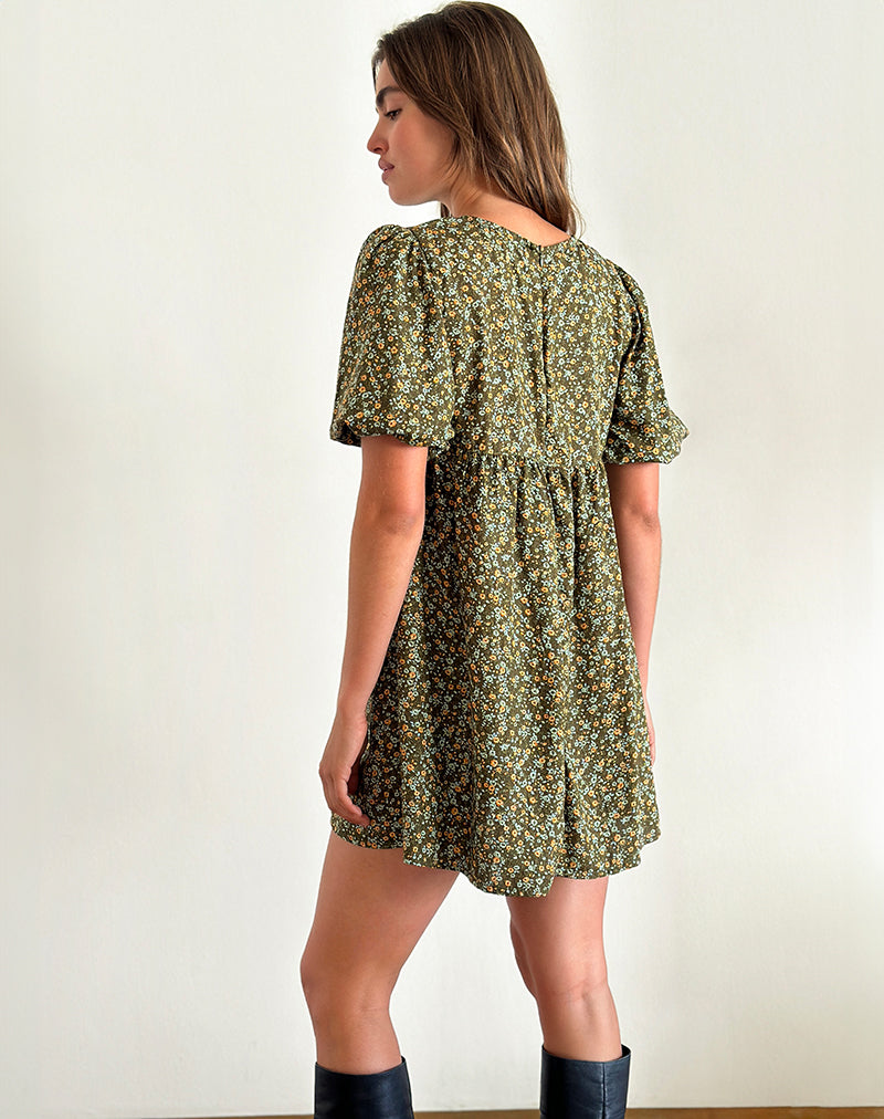 Image of Marate Minikleid mit Puffärmeln in Grunge Floral Khaki