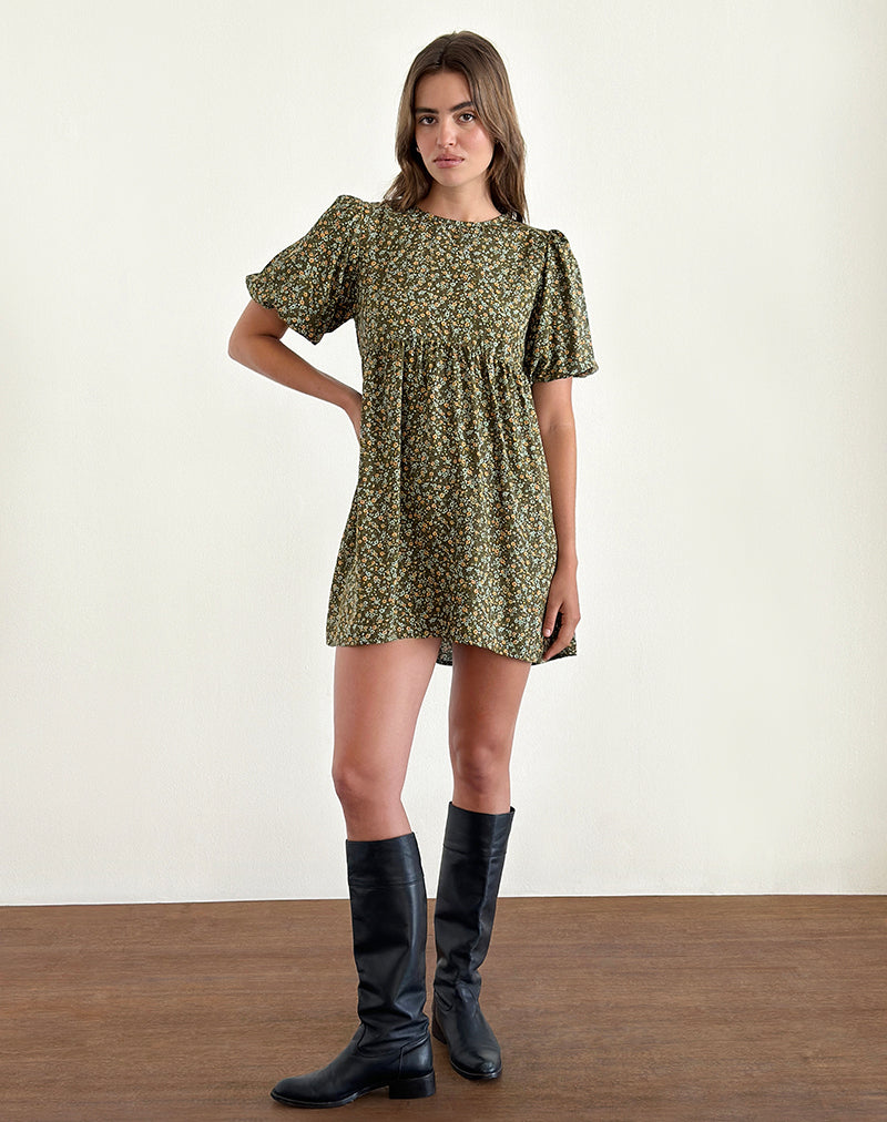 Marate Minikleid mit Puffärmeln in Grunge Floral Khaki