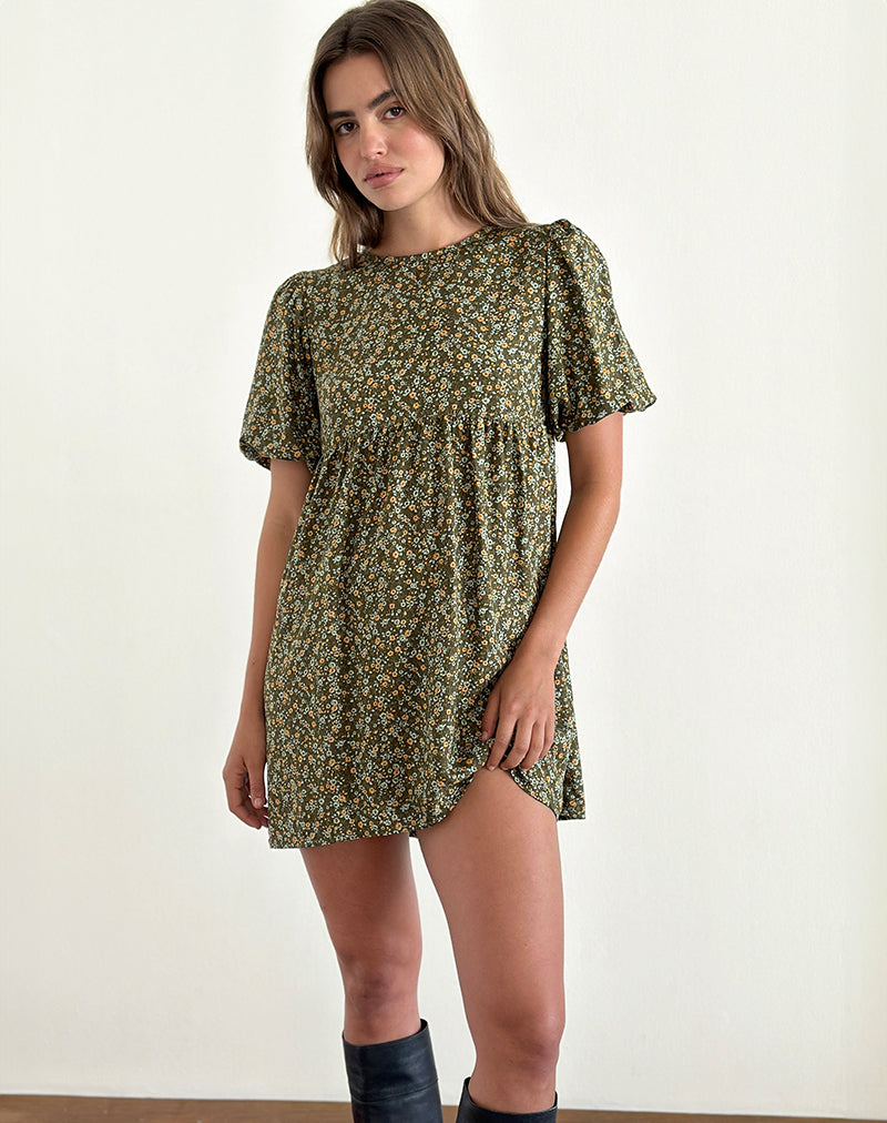 Image of Marate Minikleid mit Puffärmeln in Grunge Floral Khaki