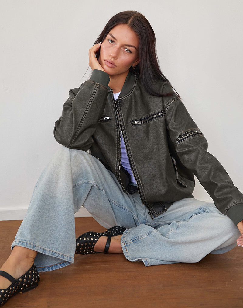 Marco Distressed Bomberjacke in PU Charcoal