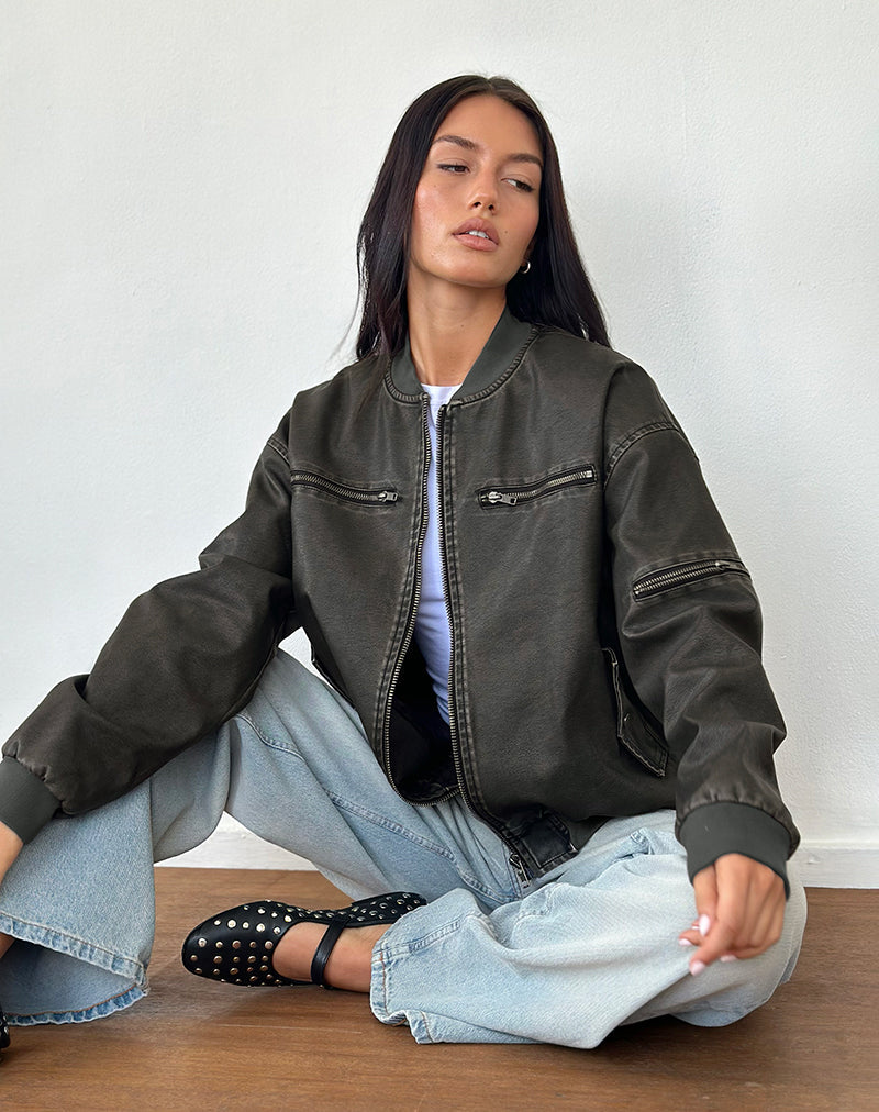 Bild von Marco Distressed Bomber Jacket in PU Charcoal