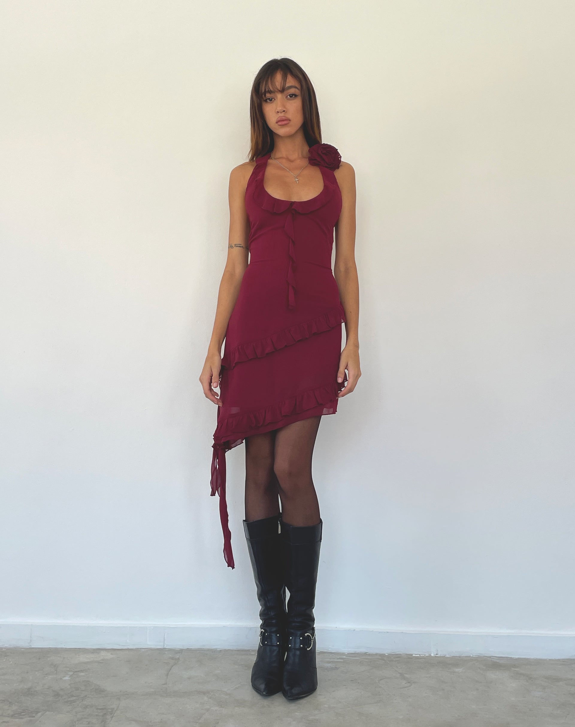 Margaret Rüschen-Minikleid aus pflaumenfarbenem Chiffon mit Rosette