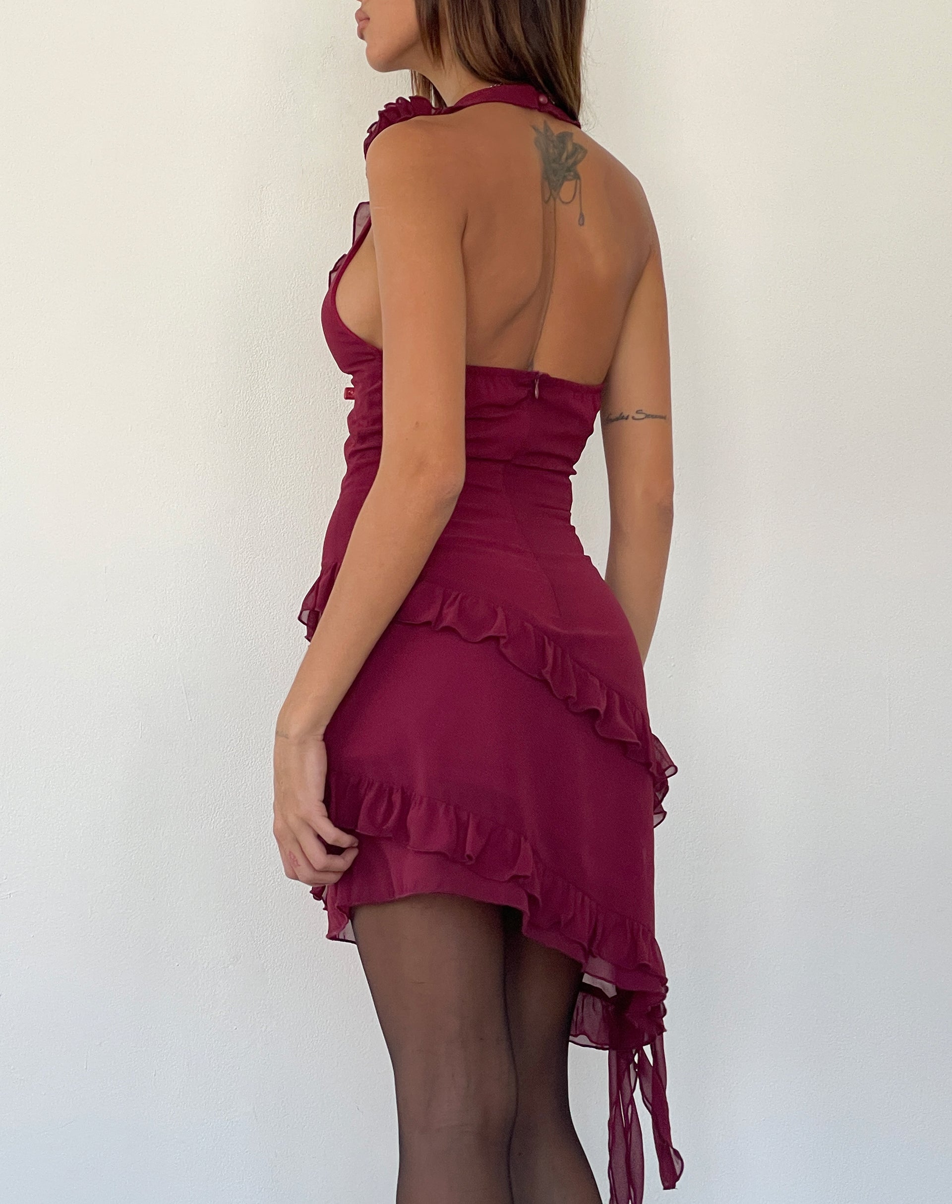 Margaret Rüschen-Minikleid aus pflaumenfarbenem Chiffon mit Rosette