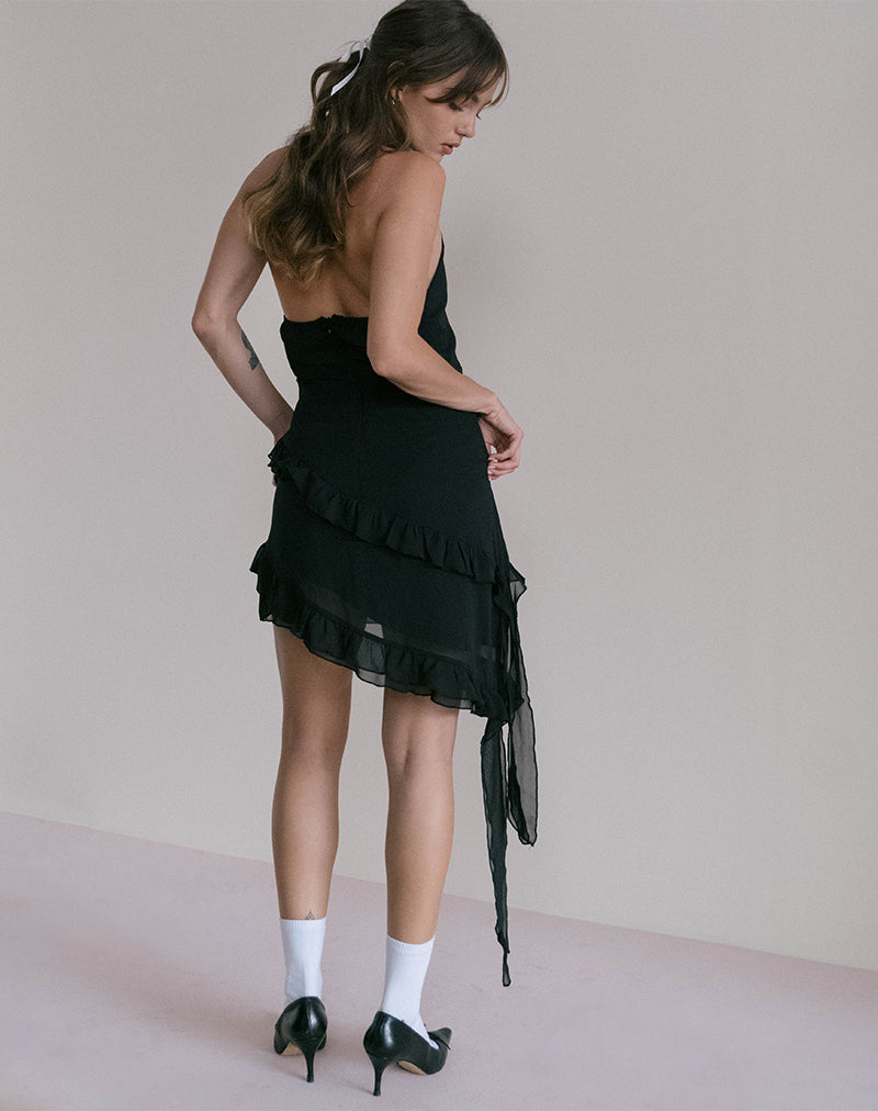 Margaret Ruffle Mini Dress aus schwarzem Chiffon mit Rosette