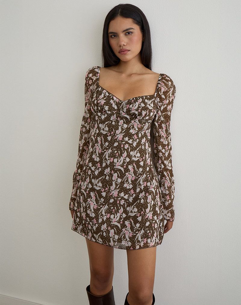 Image of Mariko Kleid in Braun und Rosa Polka Flower Chiffon