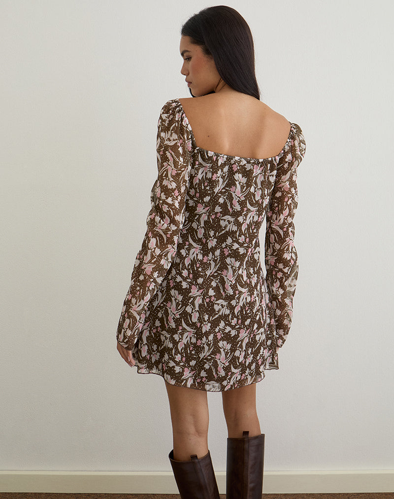 Image of Mariko Kleid in Braun und Rosa Polka Flower Chiffon