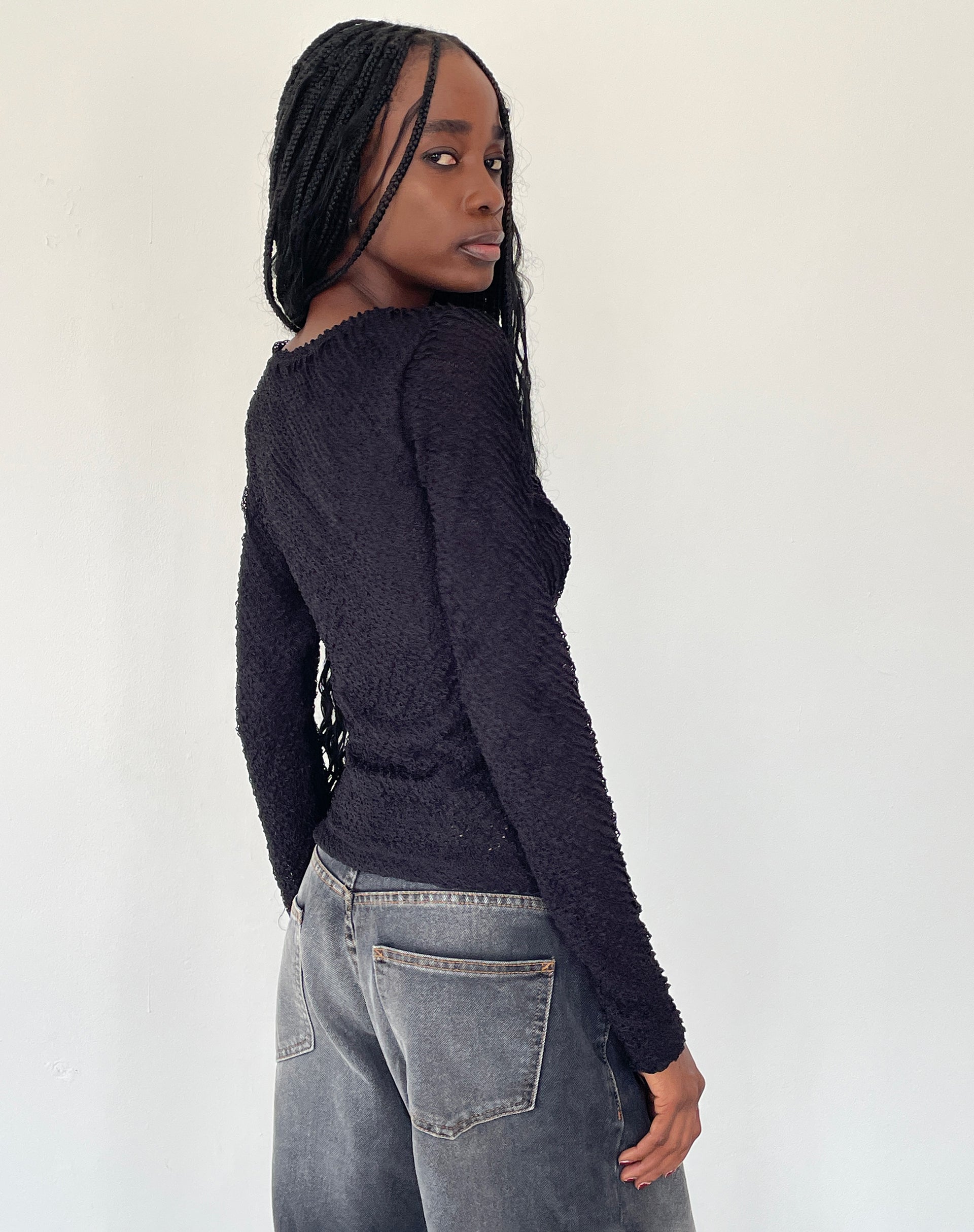 Image of Maya Langarm-Top aus strukturiertem Schwarz