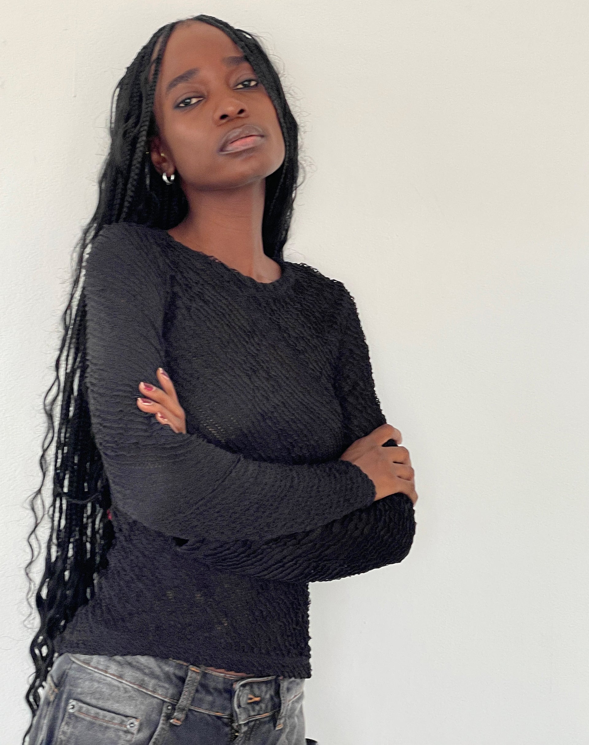 Image of Maya Langarm-Top aus strukturiertem Schwarz