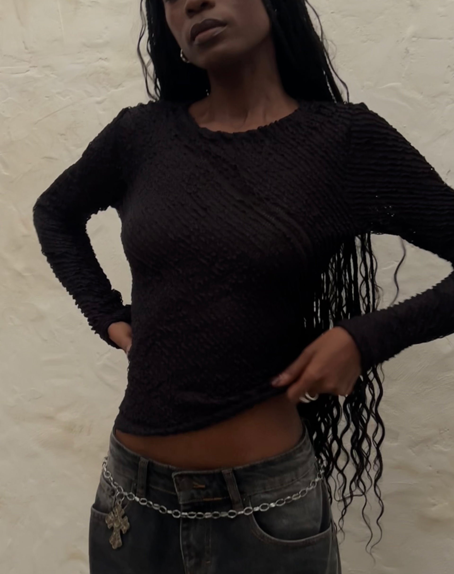Image of Maya Langarm-Top aus strukturiertem Schwarz