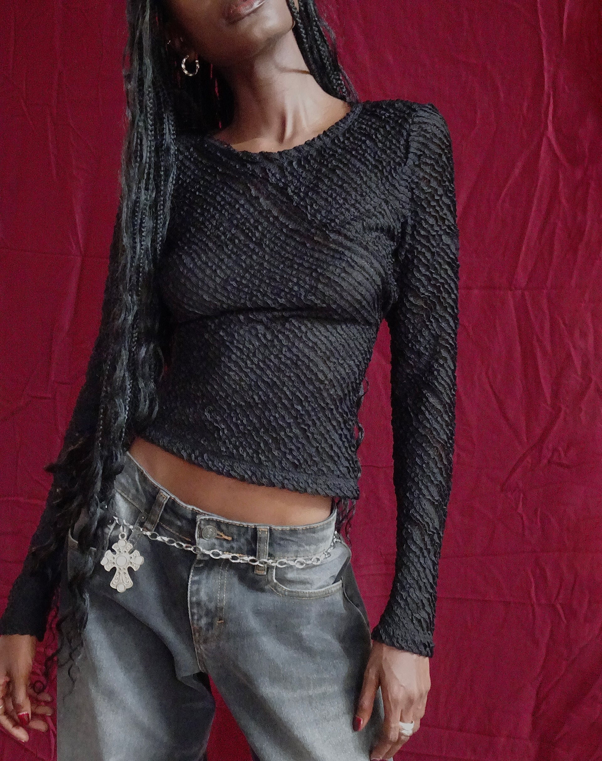 Image of Maya Langarm-Top aus strukturiertem Schwarz