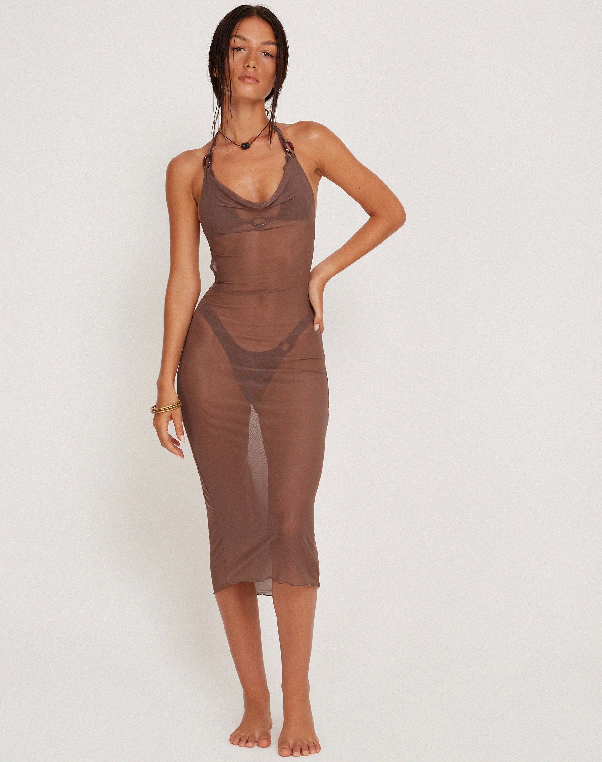 Image of Maysa Midikleid aus Mesh Kaffee