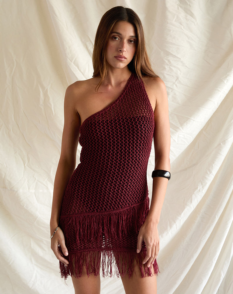 Meloka Asymmetrisches Fransen-Minikleid in Beere