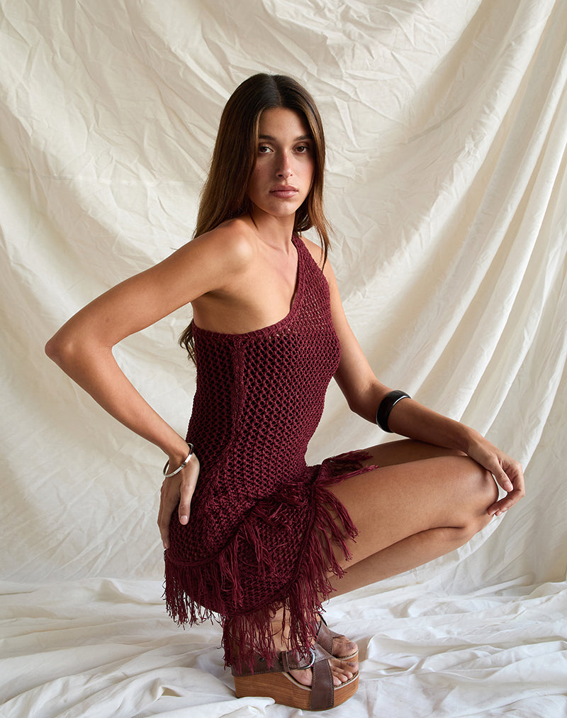 Bild von Meloka Asymmetrisches Fransen-Minikleid in Beere