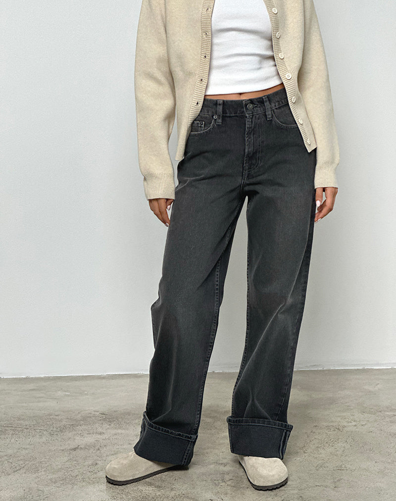 Mid Rise Turn Up Straight Jeans aus gewaschenem Schwarz Grau