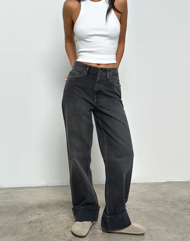 Image of Mid Rise Turn Up Straight Jeans aus gewaschenem Schwarz Grau