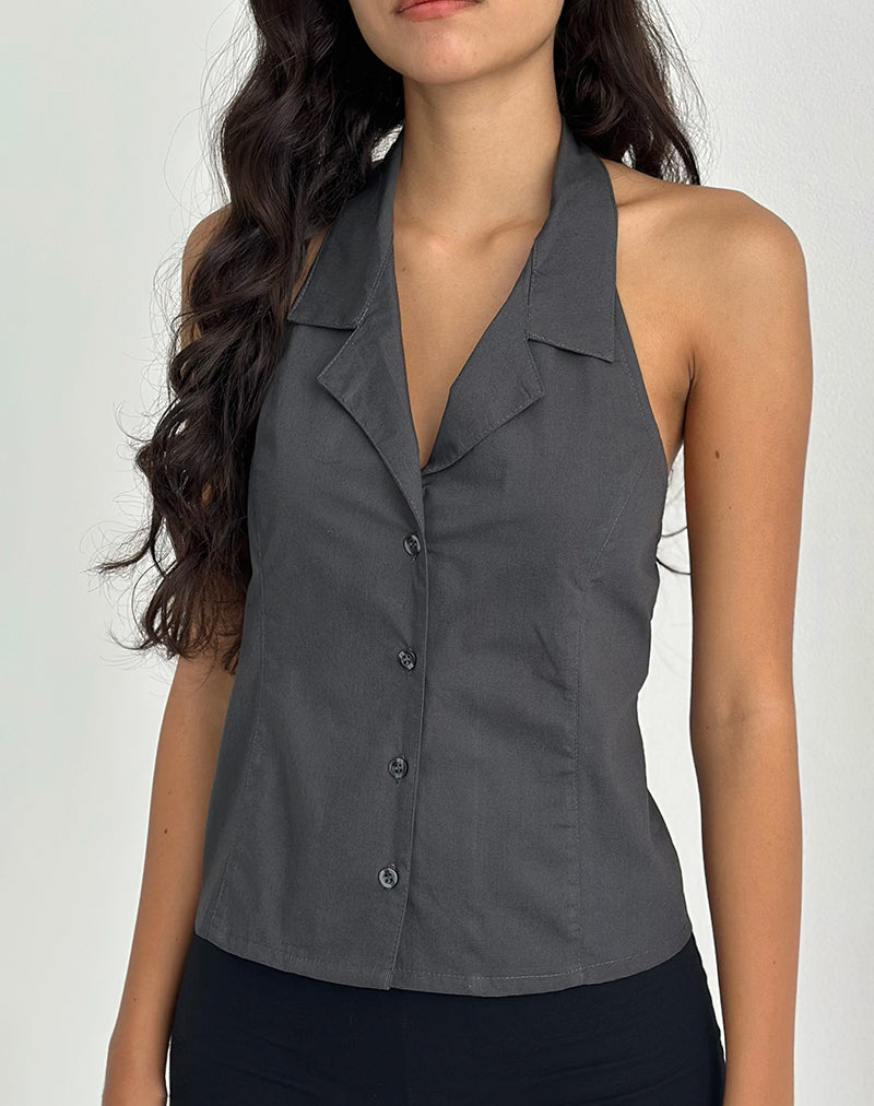 Mikanu Button Down Neckholder Bluse in Anthrazit
