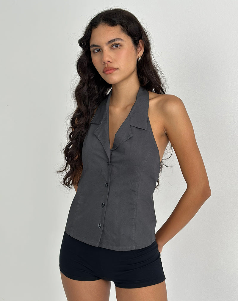 Image of Mikanu Button Down Neckholder Bluse in Anthrazit