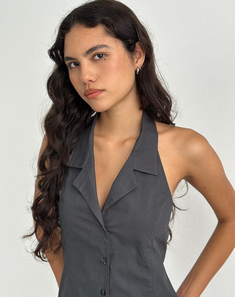 Image of Mikanu Button Down Neckholder Bluse in Anthrazit