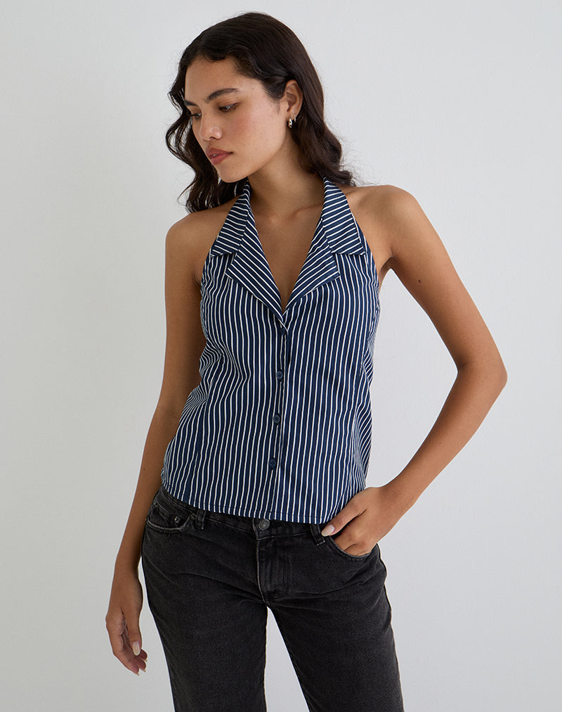 Mikanu Neckholder-Bluse in Nadelstreifen Navy