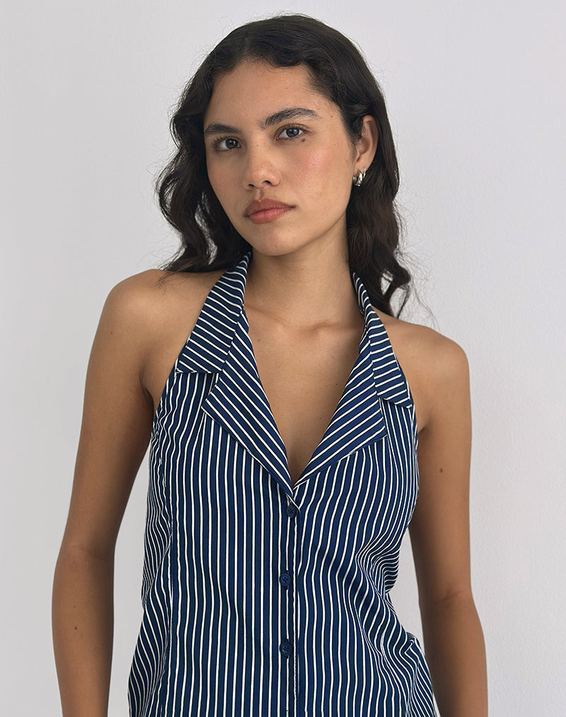 Image of Mikanu Neckholder-Bluse in Nadelstreifen Navy