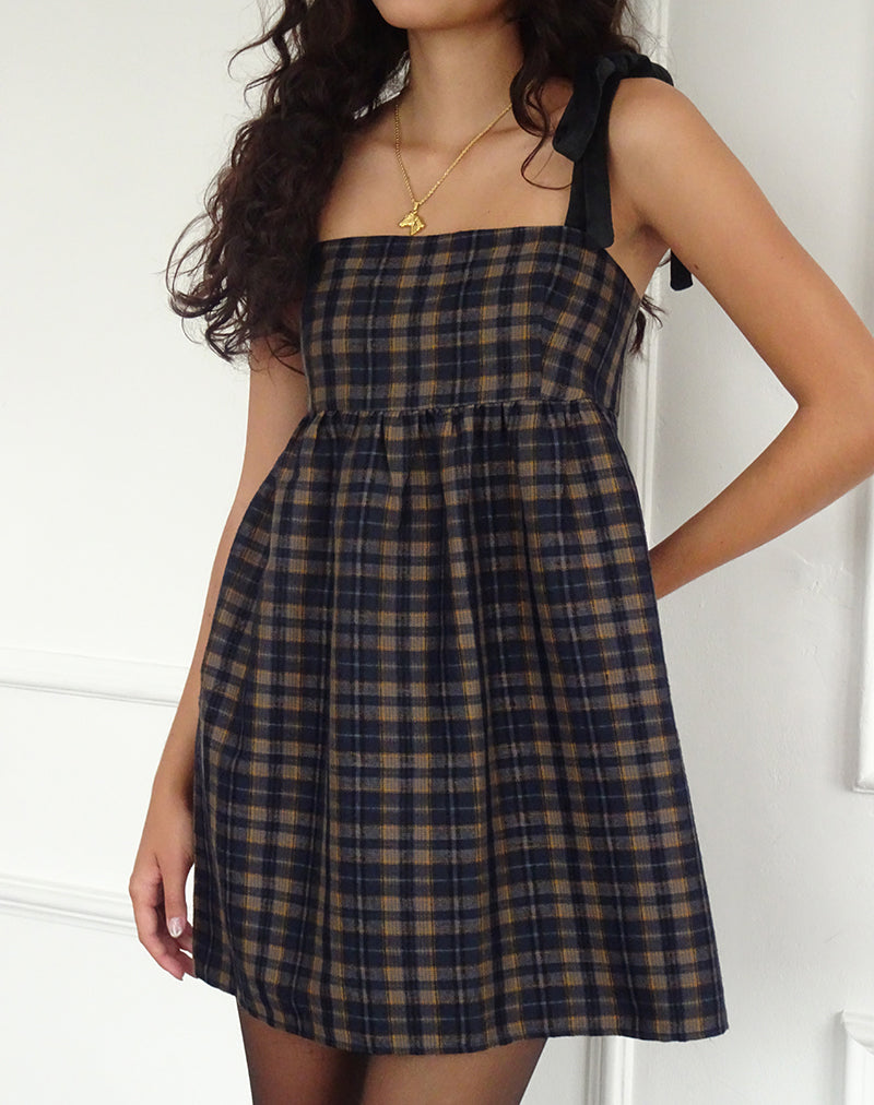 Mikayla Minikleid mit quadratischem Ausschnitt in Navy und Senfkaro