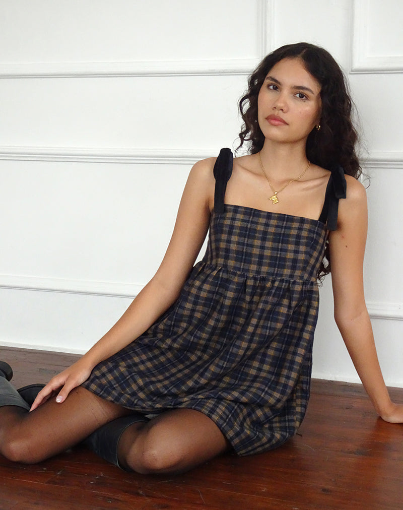 Image of Mikayla Minikleid mit quadratischem Ausschnitt in Navy und Senfkaro