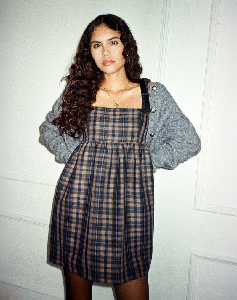 Image of Mikayla Minikleid mit quadratischem Ausschnitt in Navy und Senfkaro