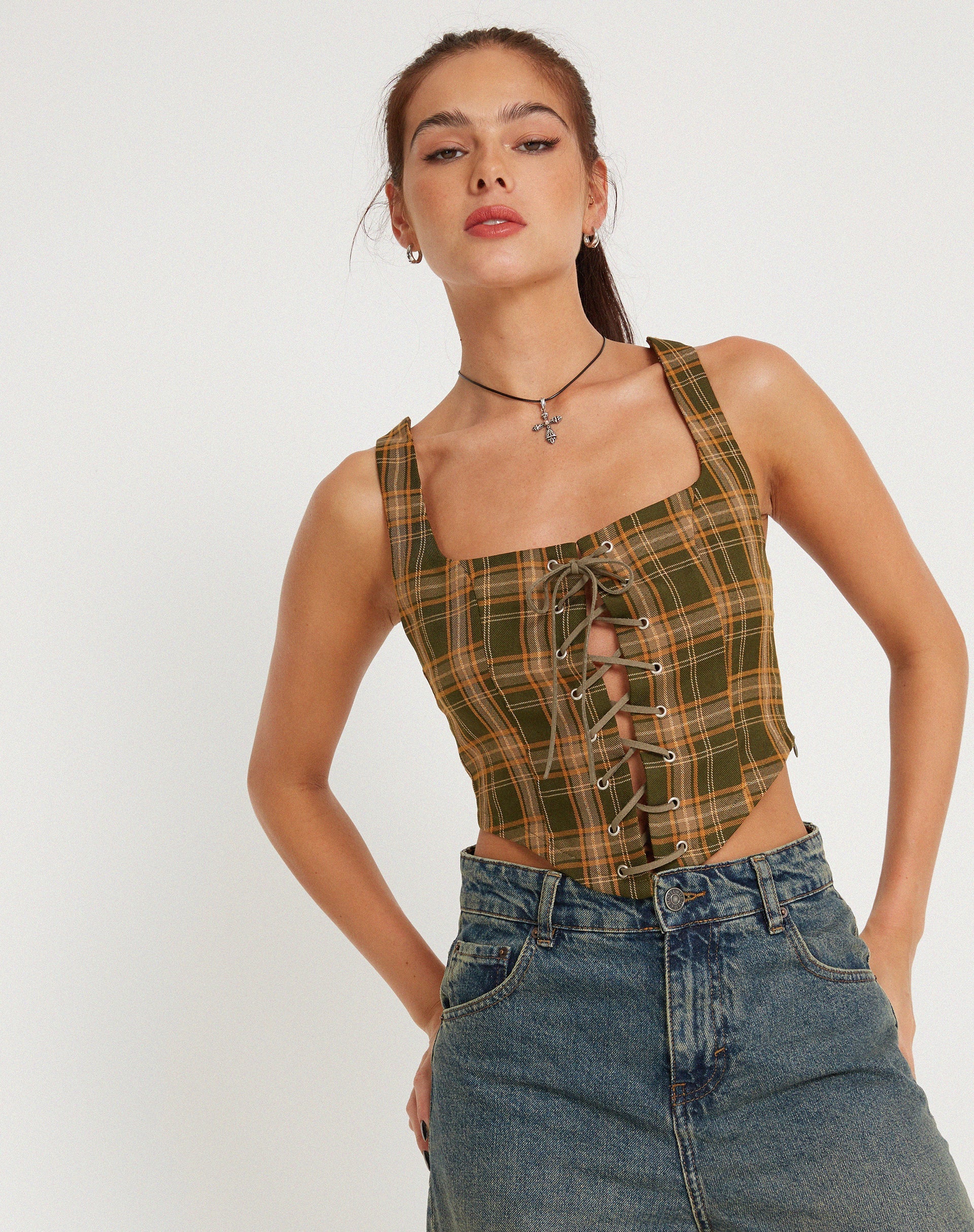 Image of Milton Korsett Top in Tartans Grün Braun