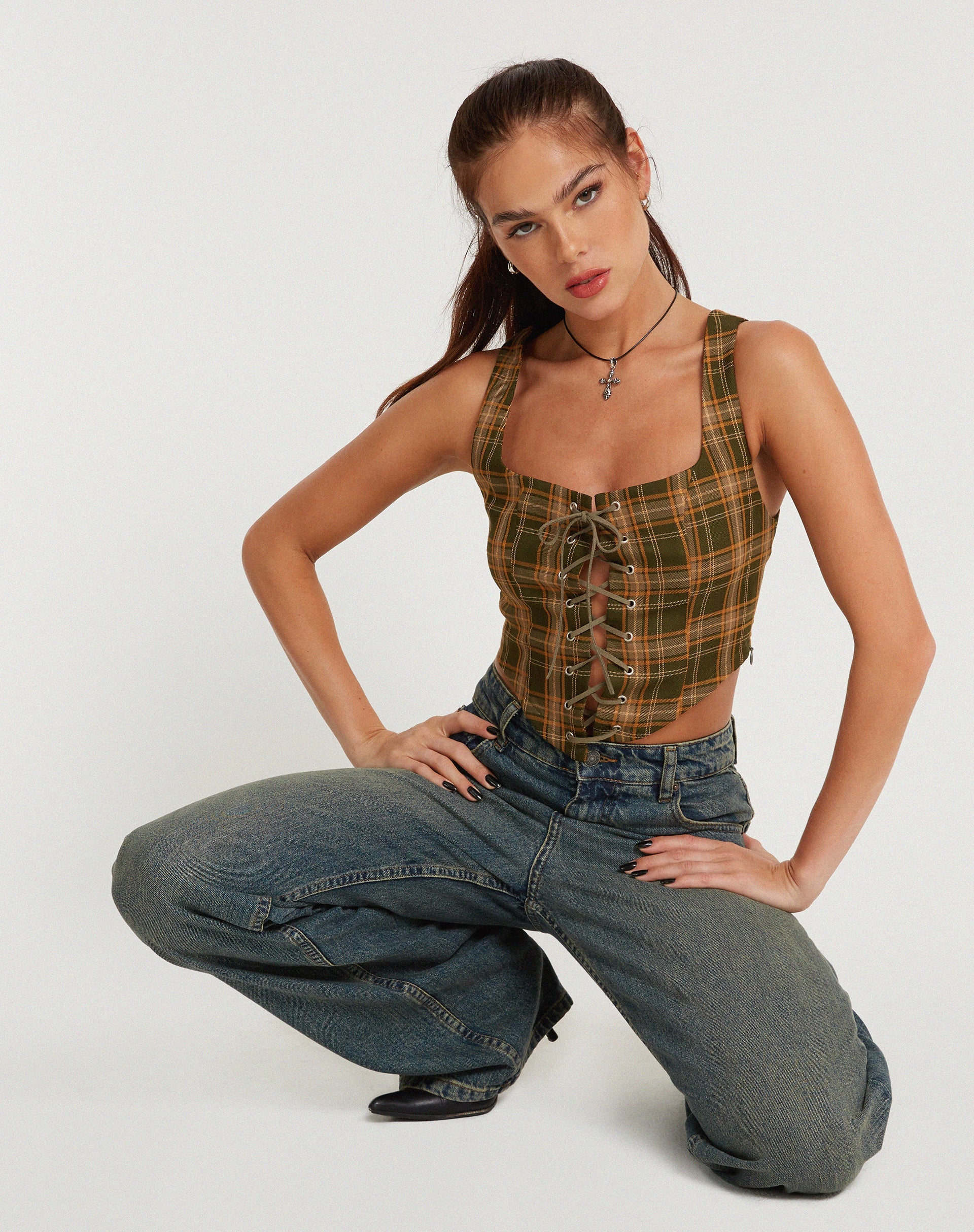Image of Milton Korsett Top in Tartans Grün Braun