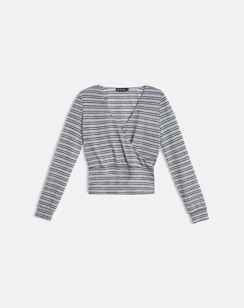 Bild des Milzie Wrap Top in horizontal gestreiftem Strick, grau und schwarz