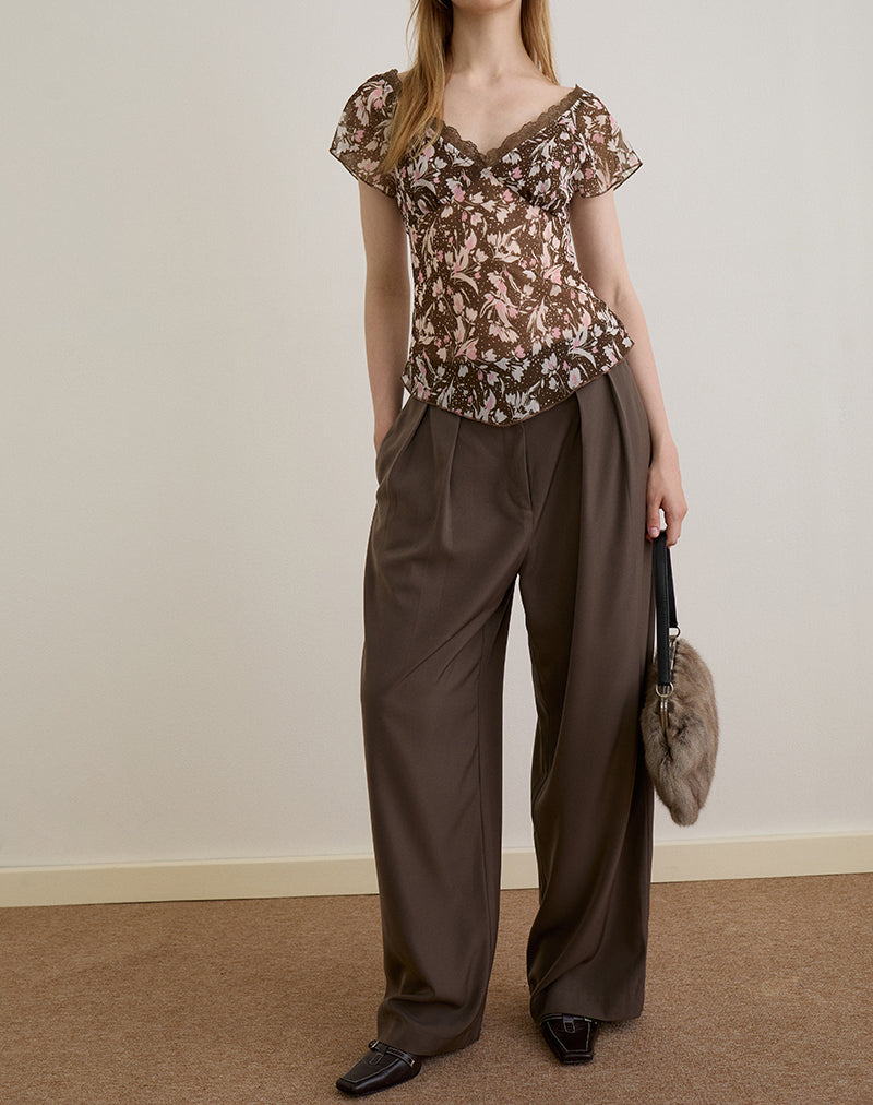 Image of Misaki Top aus Chiffon Polka Flower Braun