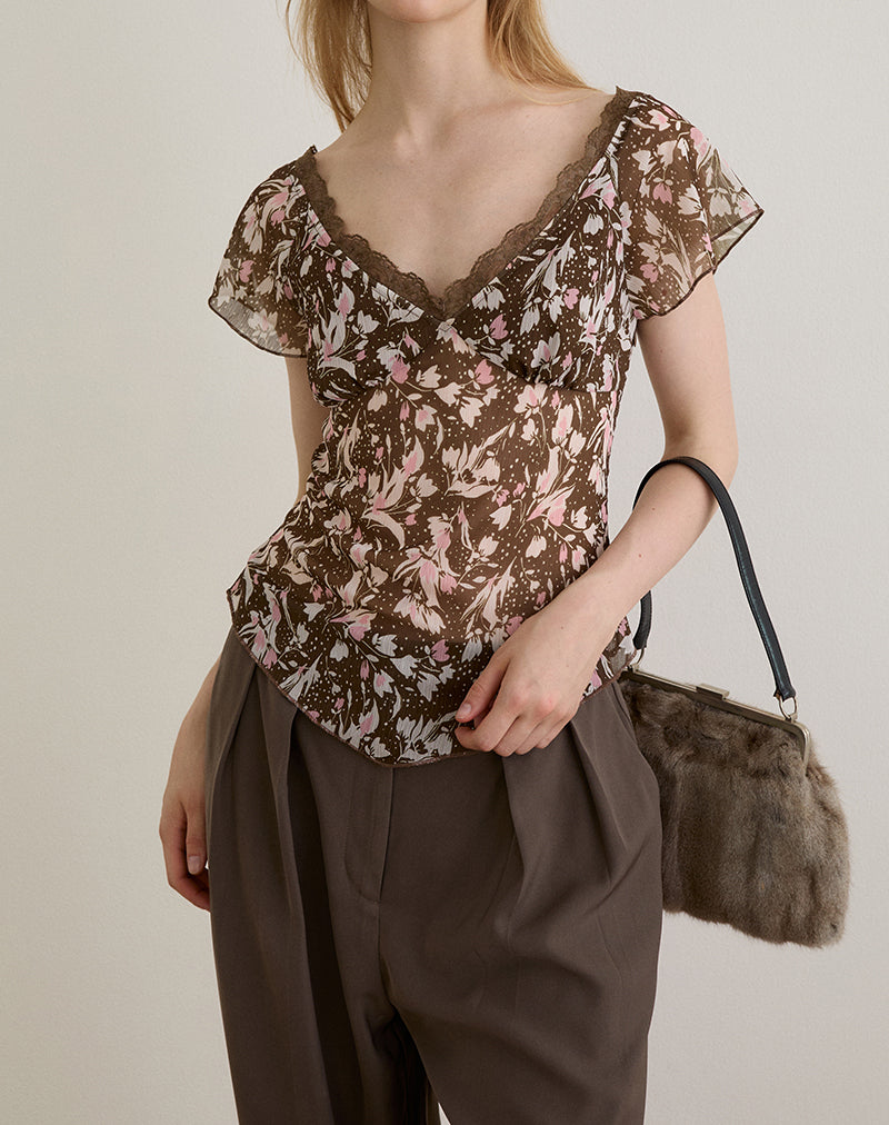 Image of Misaki Top aus Chiffon Polka Flower Braun