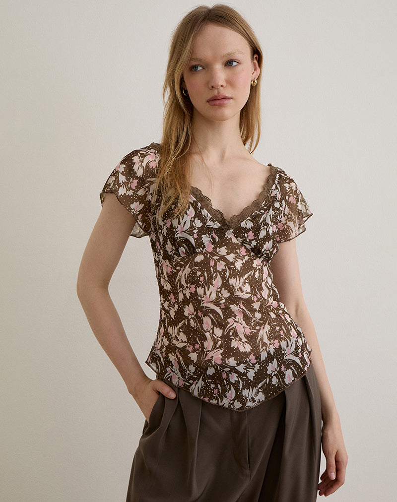 Misaki Top aus Chiffon Polka Flower Braun