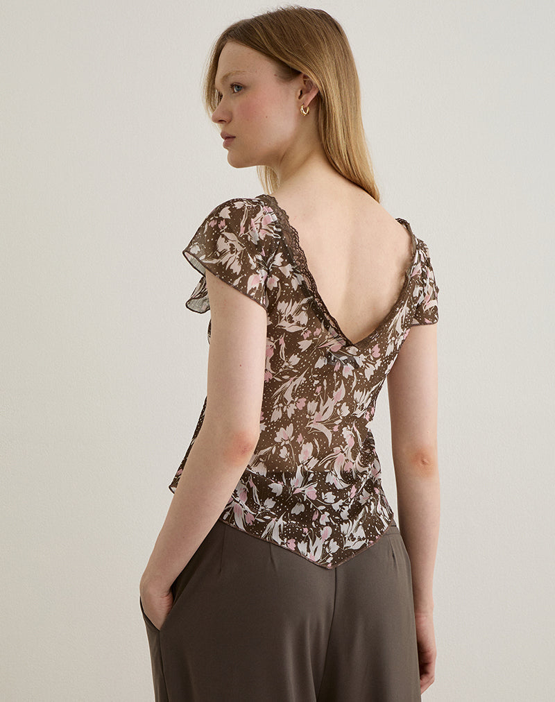 Image of Misaki Top aus Chiffon Polka Flower Braun