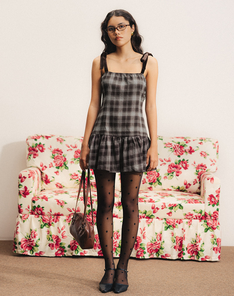 Image of Miyori Minikleid mit quadratischem Ausschnitt in grauem Karo