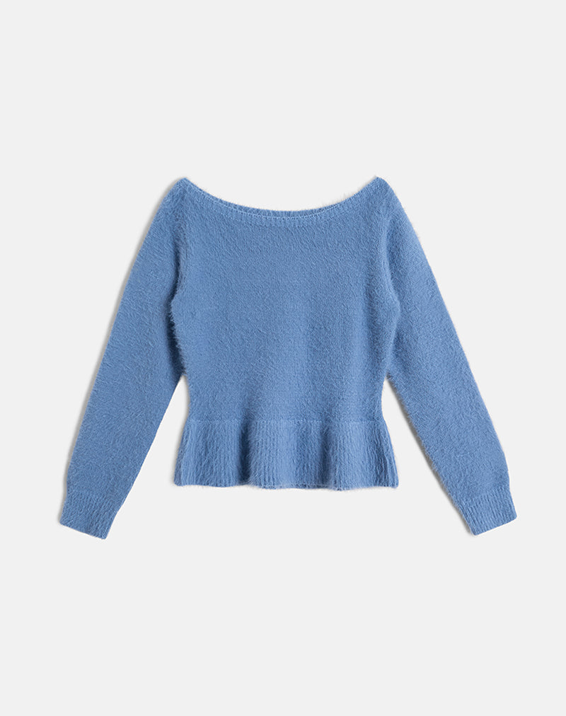 Image of Mizuki Bardot Top aus Strick in staubigem Blau