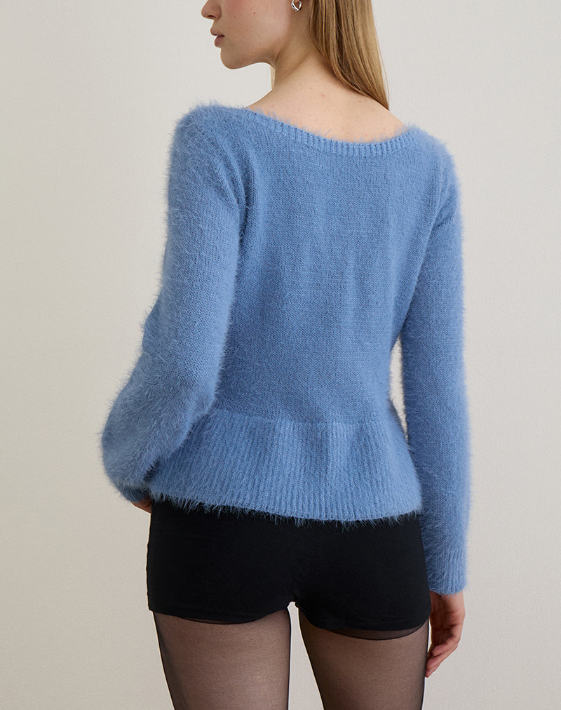 Image of Mizuki Bardot Top aus Strick in staubigem Blau