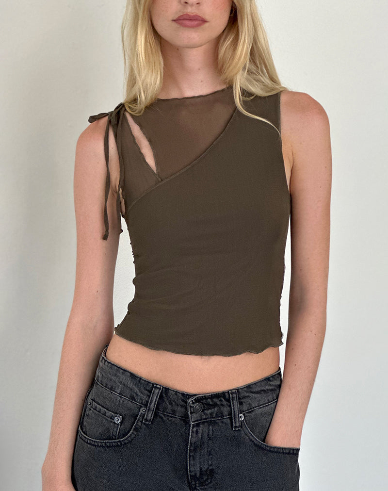 Moni Tie Tank-Top aus Mesh Khaki