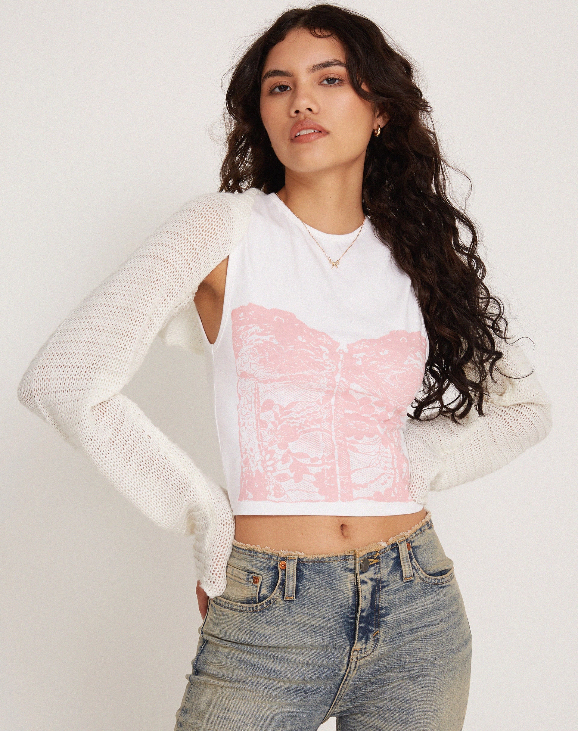 Bild von Monlo Vest Top in Weiß Rosa Korsett Druck