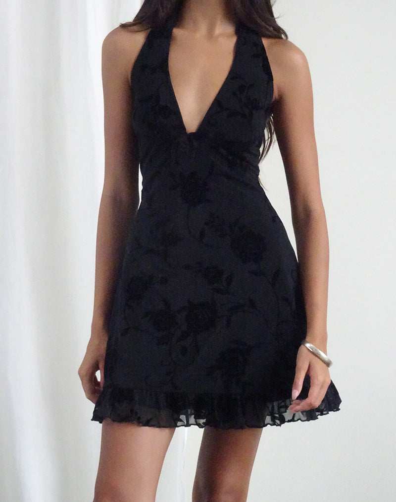 Image of Motya Neckholder-Minikleid mit Blumenmuster Rose geflockt Schwarz