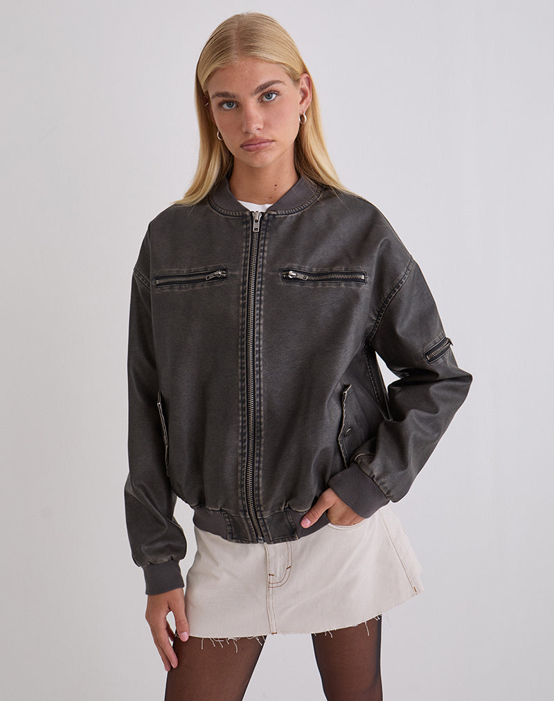 Bild von Marco Distressed Bomber Jacket in PU Charcoal