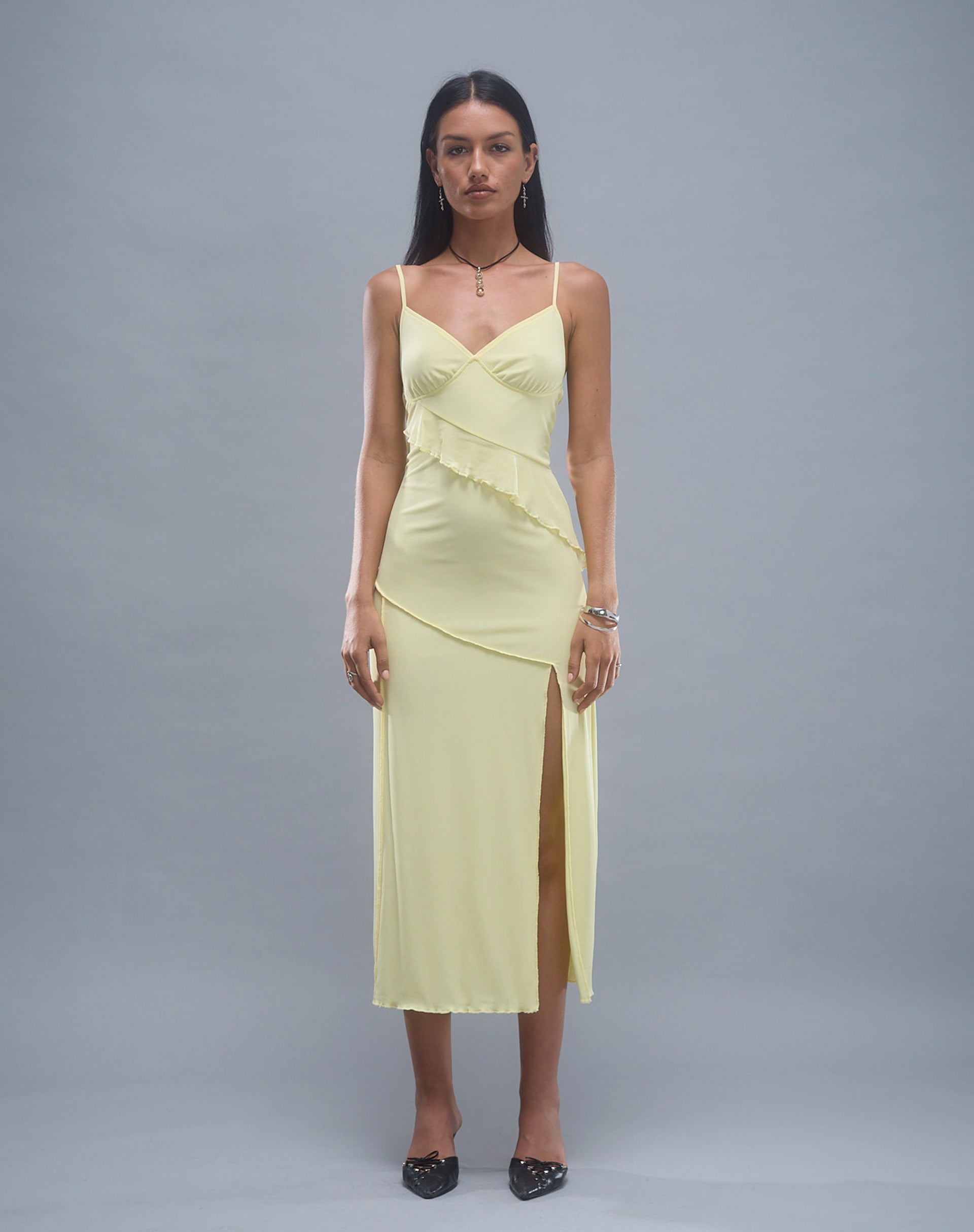 Image of Jacy gerafftes Midikleid aus Netzstoff Lemon