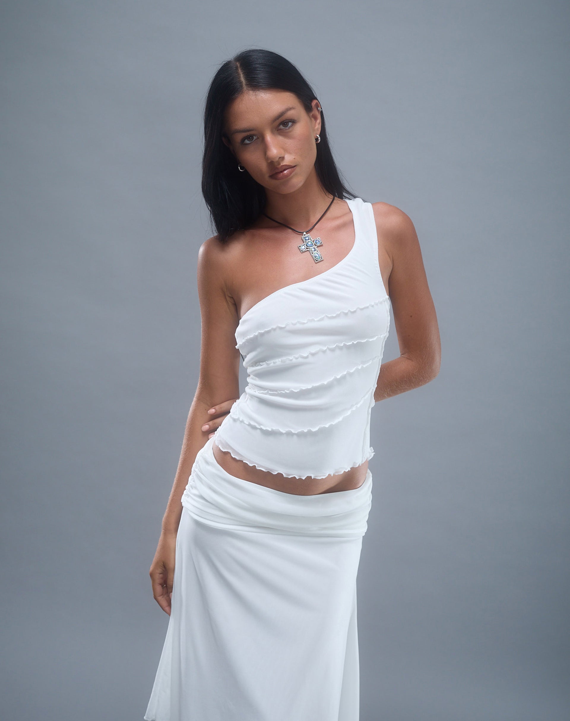 Bild von Cochise Naht Detail eine Schulter Mesh Top in Elfenbein