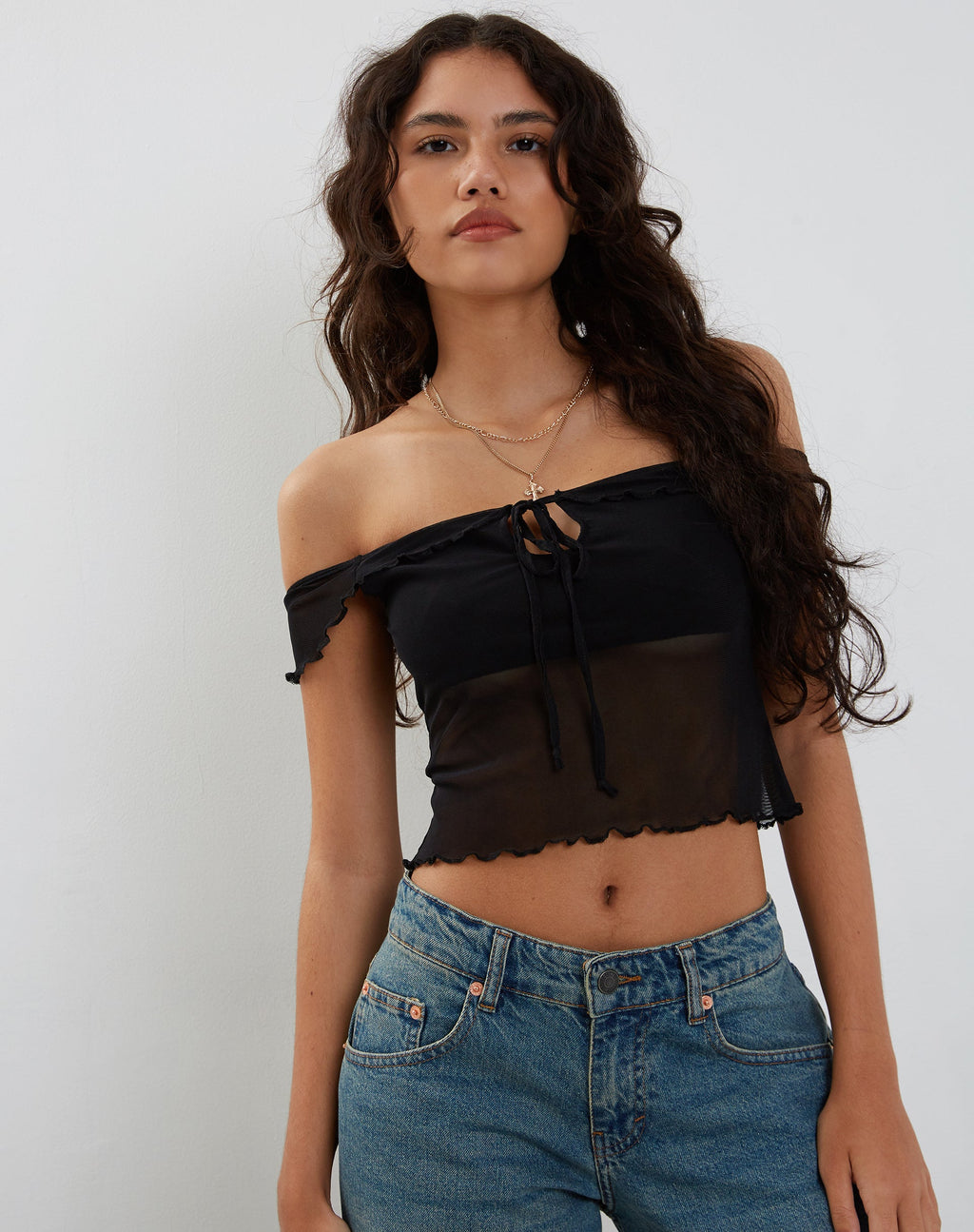 Nabil Bardot Top aus Mesh Schwarz