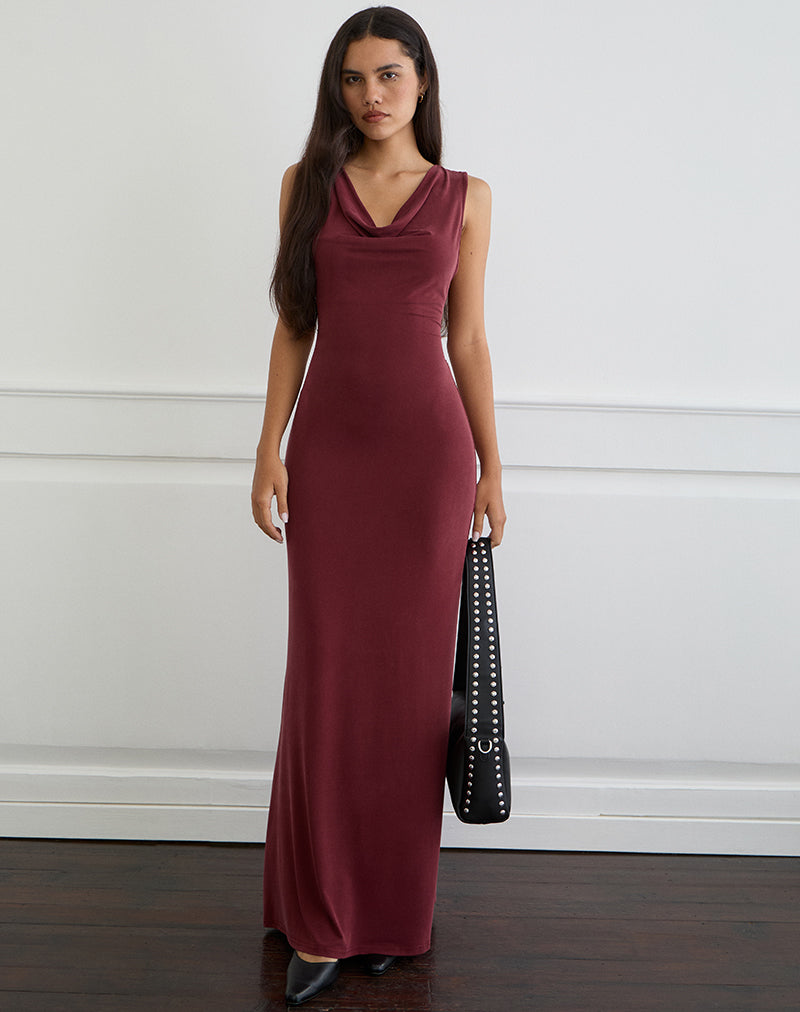 Namra Maxikleid mit Rundhalsausschnitt aus Cupro in Burgund