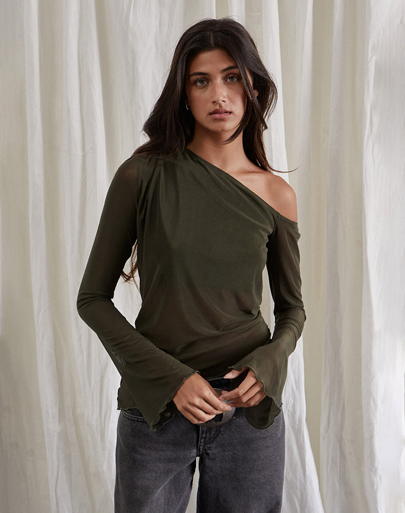 Image of Narcissa Asymmetrisches Oberteil mit langen Ärmeln aus Mesh Dark Olive