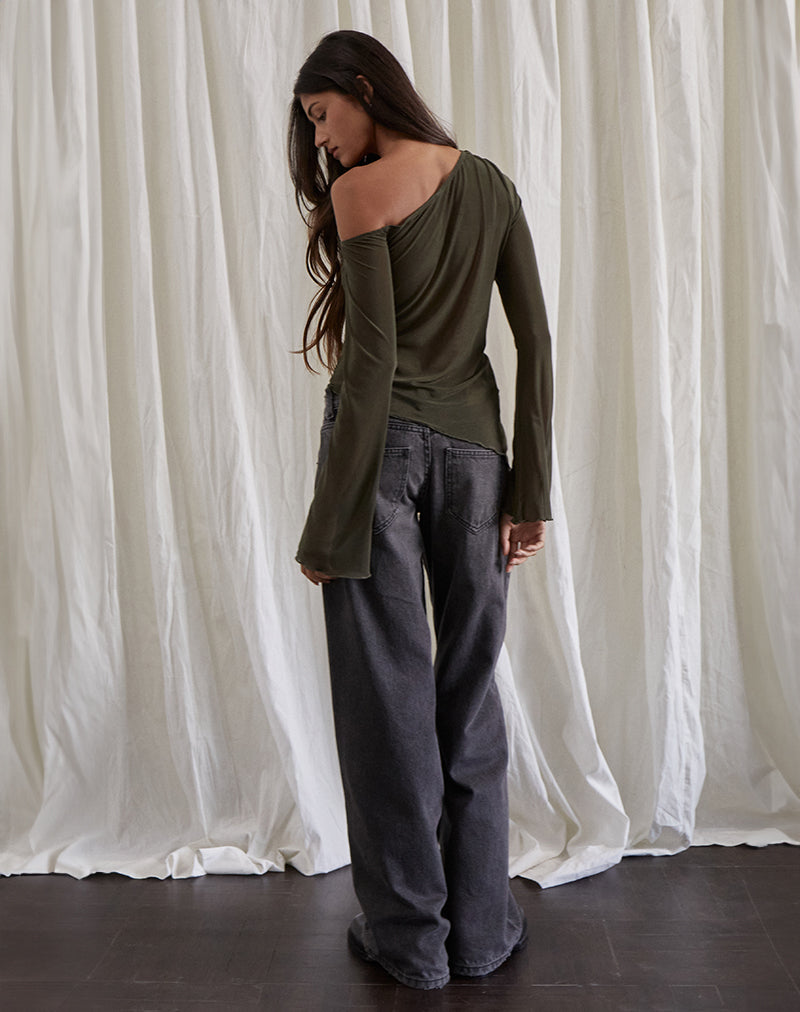 Image of Narcissa Asymmetrisches Oberteil mit langen Ärmeln aus Mesh Dark Olive