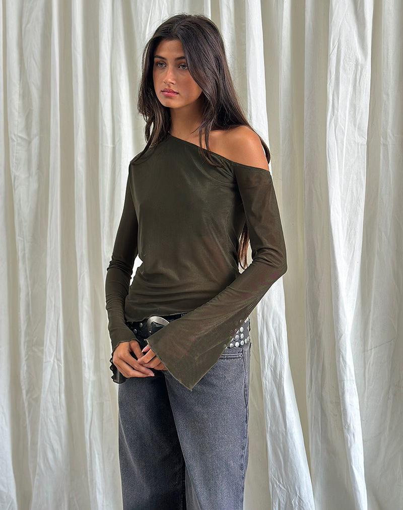 Narcissa Asymmetrisches Oberteil mit langen Ärmeln aus Mesh in Dunkel-Olive