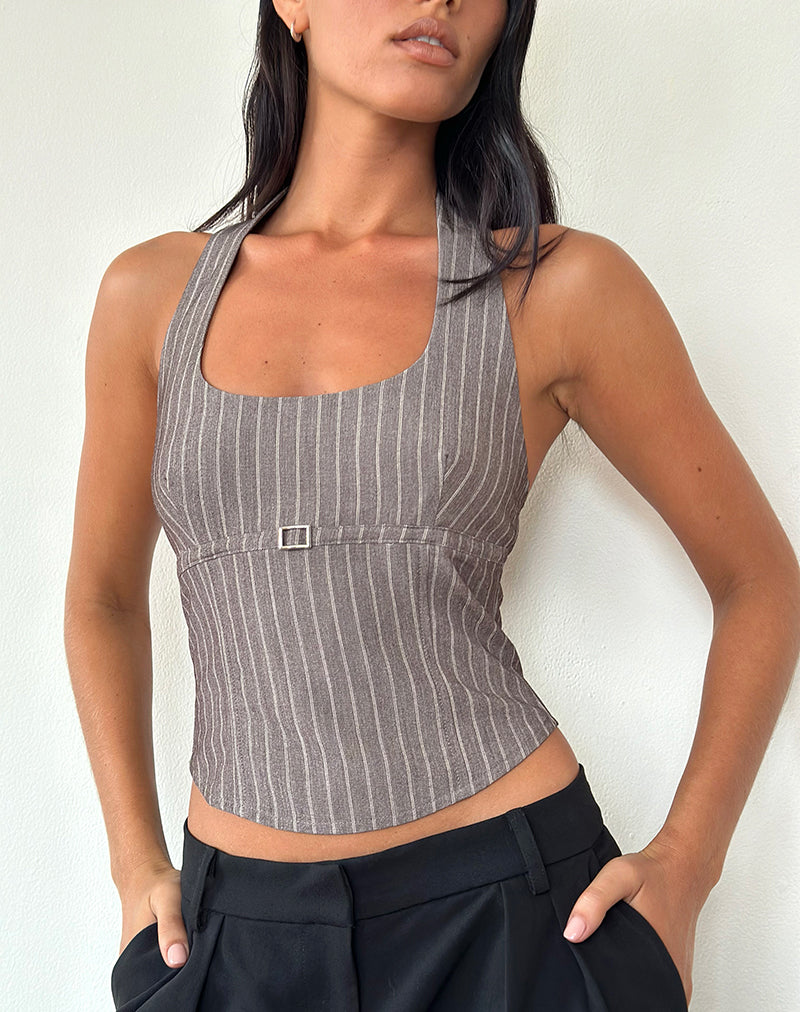 Nasya Neckholder-Top in Taupe Nadelstreifen Tailoring