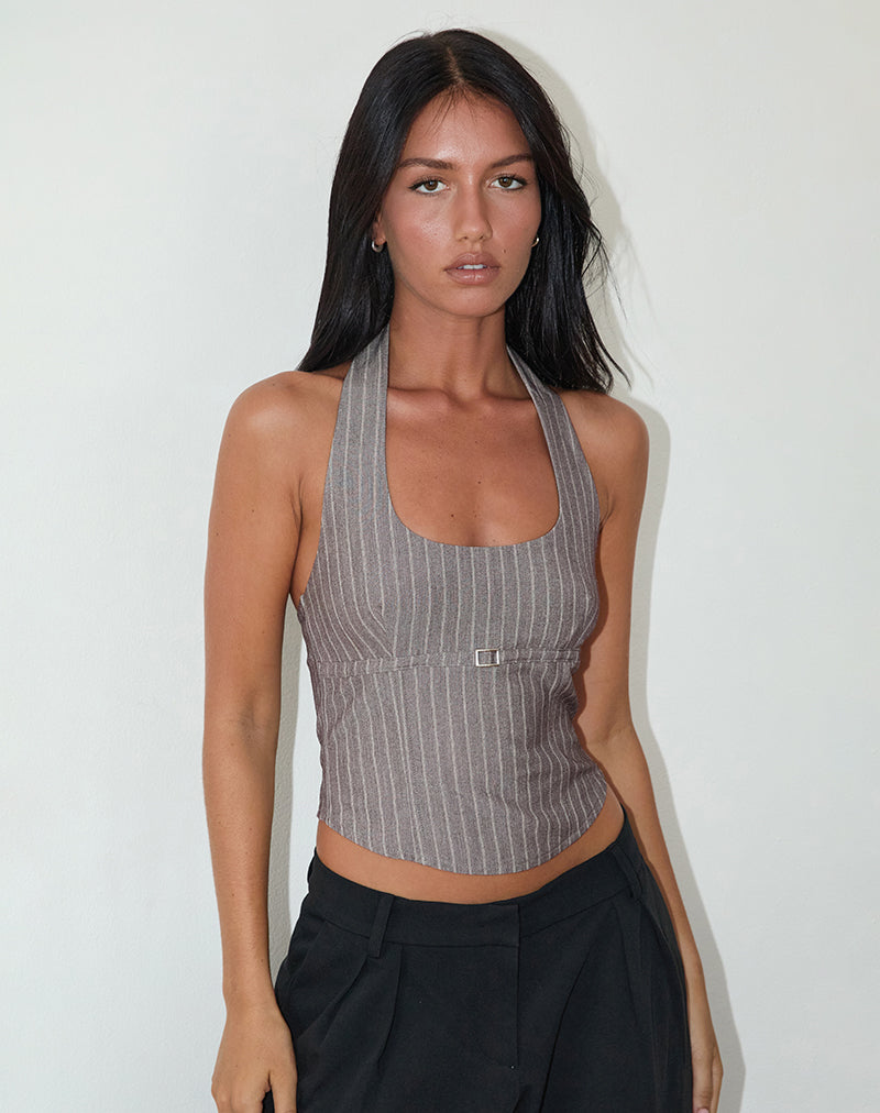 Image of Nasya Neckholder-Top in Taupe Nadelstreifen Tailoring